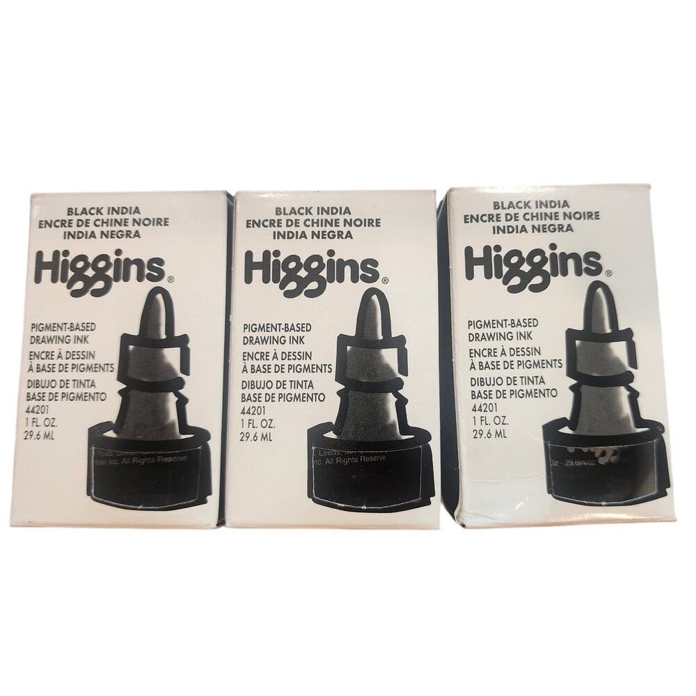 Lot of 3 - Higgins Pigment Based Drawing Ink Black India 1 oz. NIB